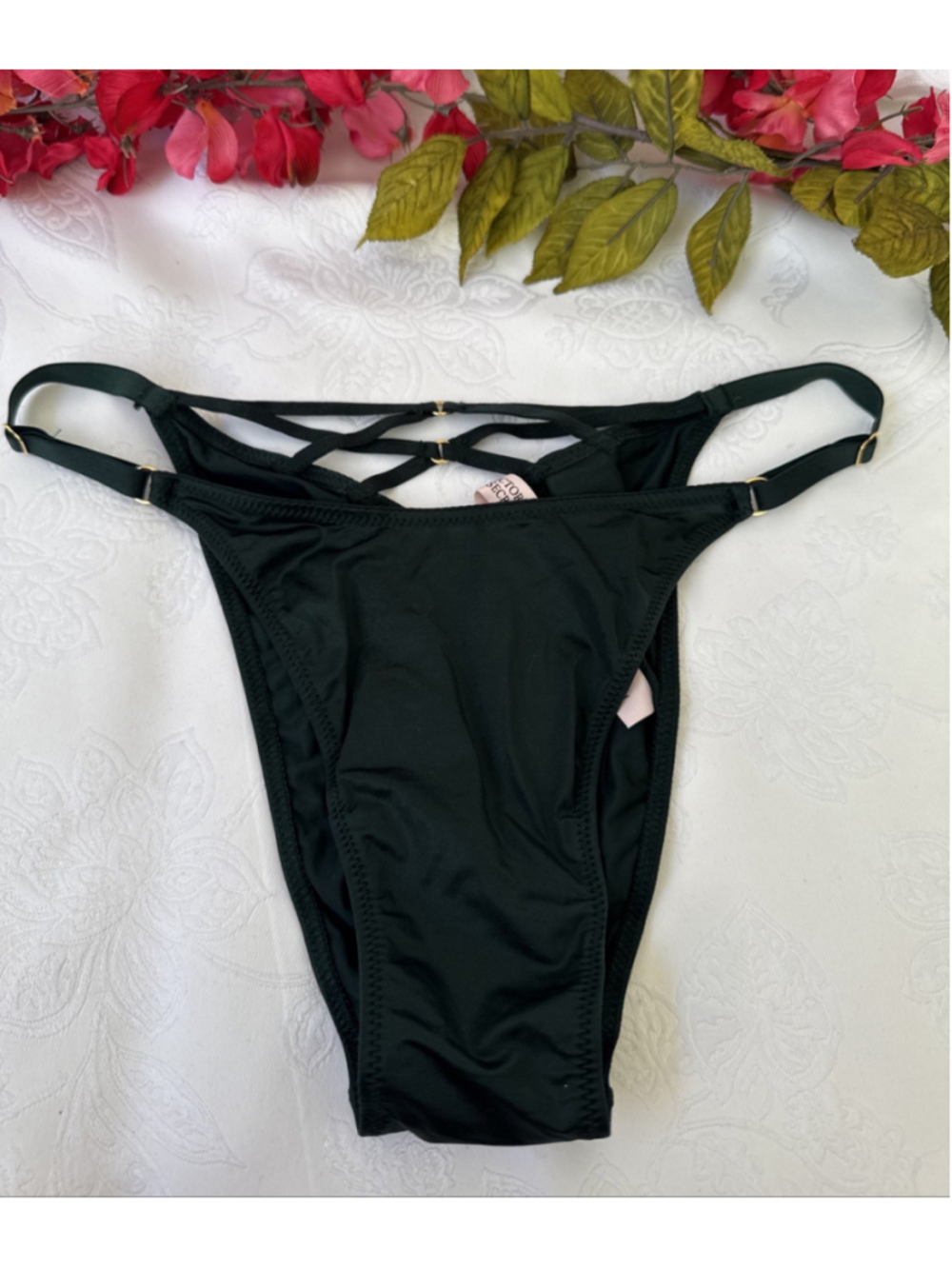 VICTORIA'S SECRET M SILKY GREEN HIGH LEG STRAPPY BRAZILIAN THONG PANTIES NWT